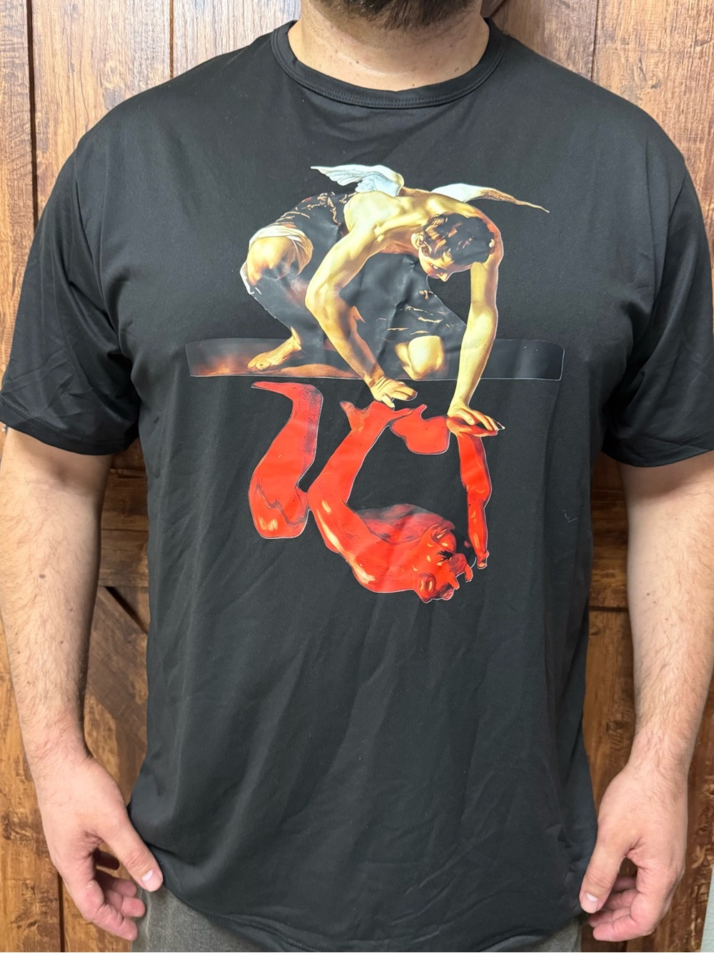 Black Graphic Mens T-Shirt with Red and Cream Artwork